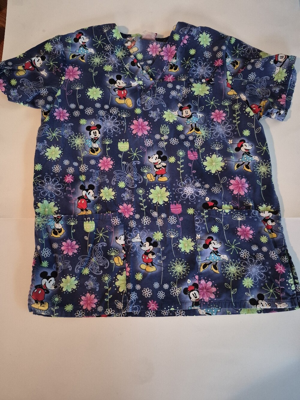 Mickey Minnie Mouse Navy Floral Scrub Top Size Medium Cotton Women Disney